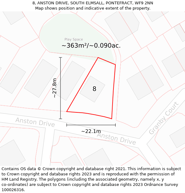 8, ANSTON DRIVE, SOUTH ELMSALL, PONTEFRACT, WF9 2NN: Plot and title map