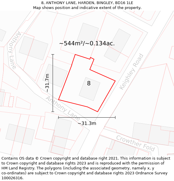 8, ANTHONY LANE, HARDEN, BINGLEY, BD16 1LE: Plot and title map