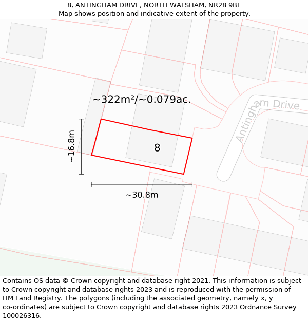 8, ANTINGHAM DRIVE, NORTH WALSHAM, NR28 9BE: Plot and title map