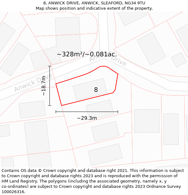 8, ANWICK DRIVE, ANWICK, SLEAFORD, NG34 9TU: Plot and title map