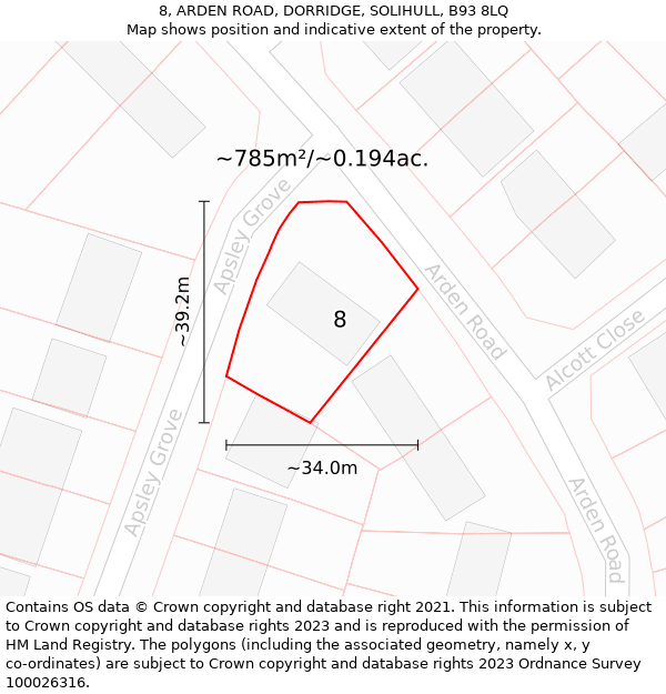 8, ARDEN ROAD, DORRIDGE, SOLIHULL, B93 8LQ: Plot and title map