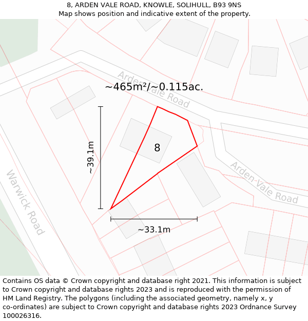 8, ARDEN VALE ROAD, KNOWLE, SOLIHULL, B93 9NS: Plot and title map