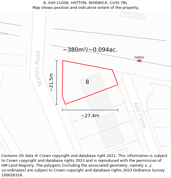 8, ASH CLOSE, HATTON, WARWICK, CV35 7BL: Plot and title map