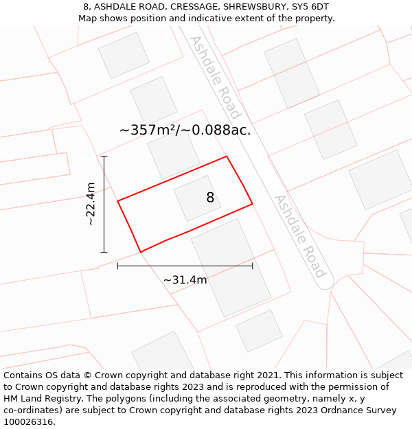 8, ASHDALE ROAD, CRESSAGE, SHREWSBURY, SY5 6DT: Plot and title map