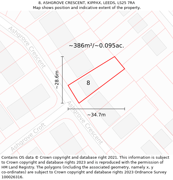 8, ASHGROVE CRESCENT, KIPPAX, LEEDS, LS25 7RA: Plot and title map