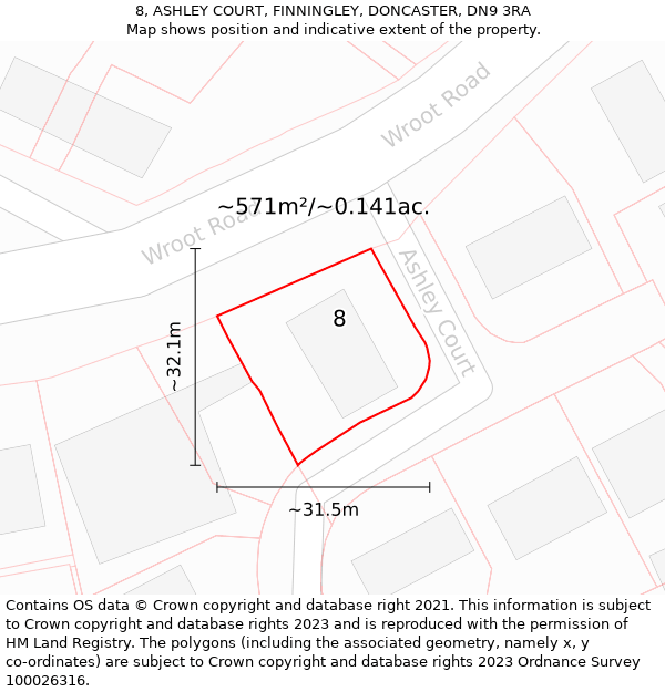 8, ASHLEY COURT, FINNINGLEY, DONCASTER, DN9 3RA: Plot and title map