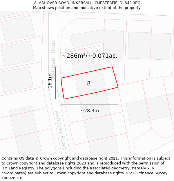 8, ASHOVER ROAD, INKERSALL, CHESTERFIELD, S43 3EG: Plot and title map