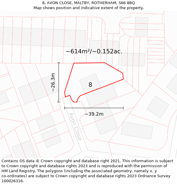 8, AVON CLOSE, MALTBY, ROTHERHAM, S66 8BQ: Plot and title map