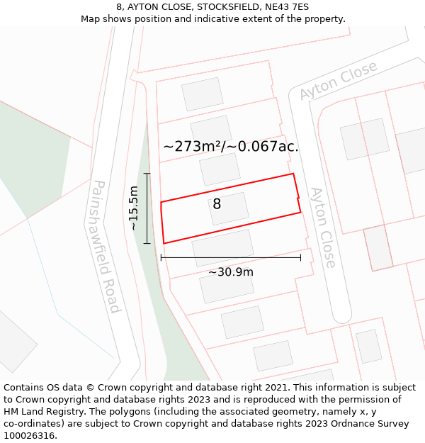 8, AYTON CLOSE, STOCKSFIELD, NE43 7ES: Plot and title map