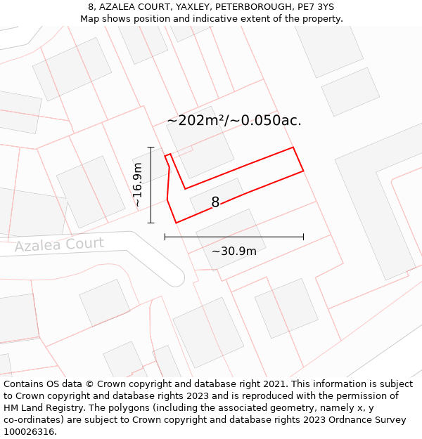 8, AZALEA COURT, YAXLEY, PETERBOROUGH, PE7 3YS: Plot and title map