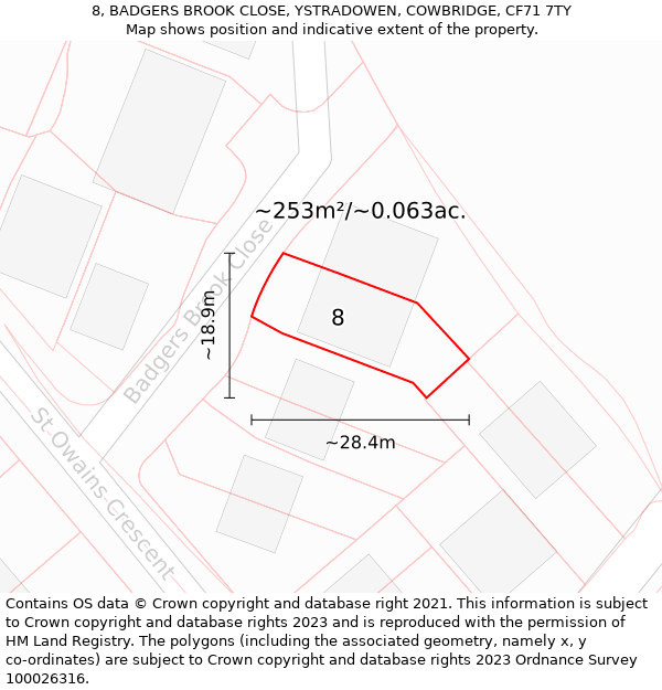 8, BADGERS BROOK CLOSE, YSTRADOWEN, COWBRIDGE, CF71 7TY: Plot and title map