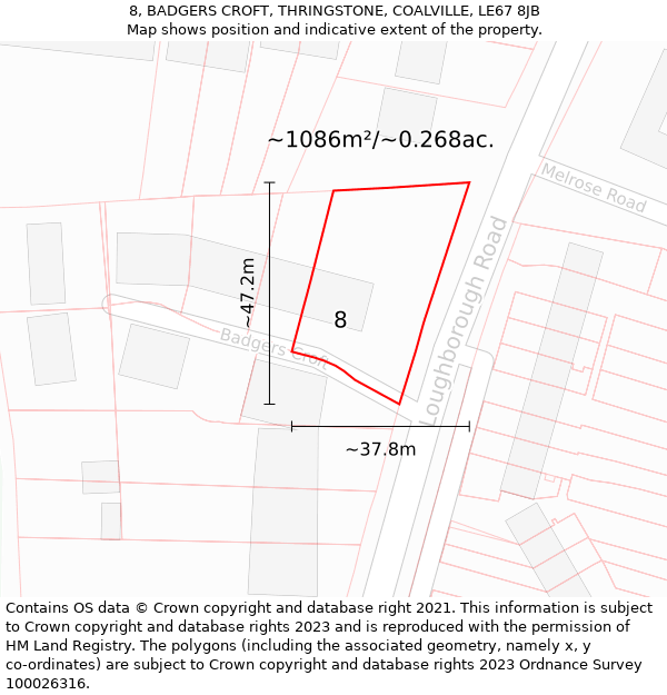 8, BADGERS CROFT, THRINGSTONE, COALVILLE, LE67 8JB: Plot and title map