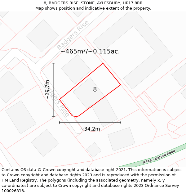 8, BADGERS RISE, STONE, AYLESBURY, HP17 8RR: Plot and title map