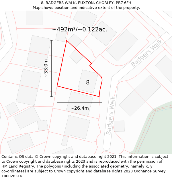 8, BADGERS WALK, EUXTON, CHORLEY, PR7 6FH: Plot and title map