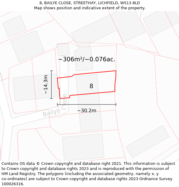 8, BAILYE CLOSE, STREETHAY, LICHFIELD, WS13 8LD: Plot and title map