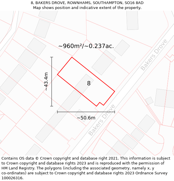 8, BAKERS DROVE, ROWNHAMS, SOUTHAMPTON, SO16 8AD: Plot and title map