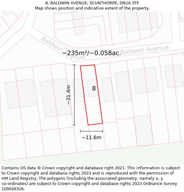 8, BALDWIN AVENUE, SCUNTHORPE, DN16 3TF: Plot and title map