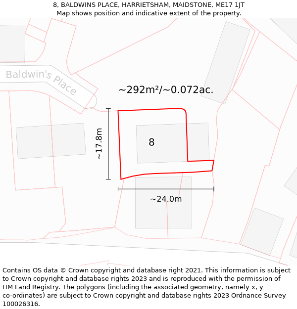 8, BALDWINS PLACE, HARRIETSHAM, MAIDSTONE, ME17 1JT: Plot and title map