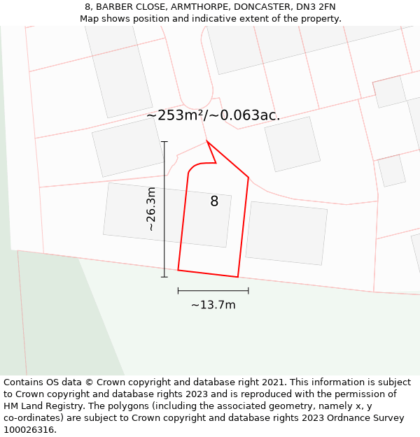 8, BARBER CLOSE, ARMTHORPE, DONCASTER, DN3 2FN: Plot and title map