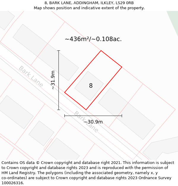 8, BARK LANE, ADDINGHAM, ILKLEY, LS29 0RB: Plot and title map