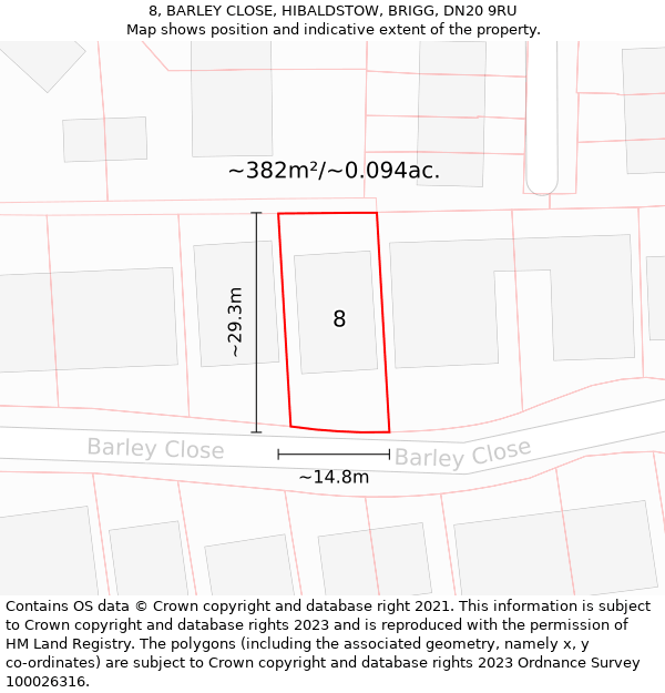8, BARLEY CLOSE, HIBALDSTOW, BRIGG, DN20 9RU: Plot and title map