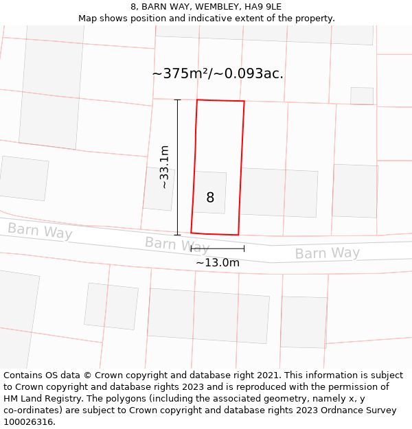 8, BARN WAY, WEMBLEY, HA9 9LE: Plot and title map