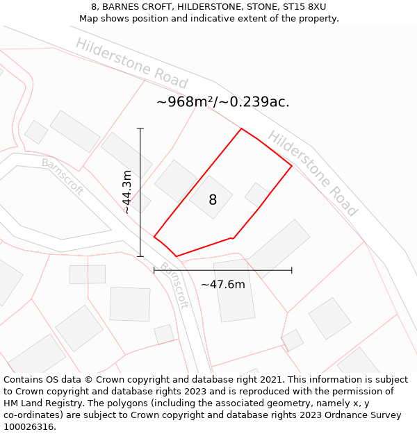 8, BARNES CROFT, HILDERSTONE, STONE, ST15 8XU: Plot and title map