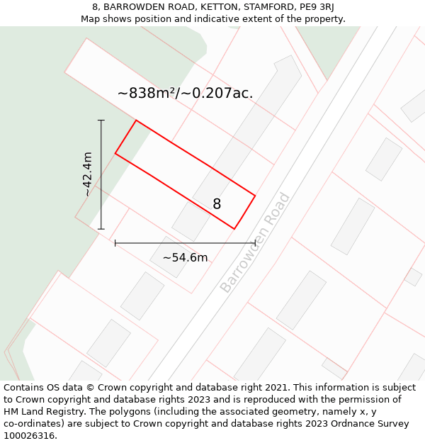 8, BARROWDEN ROAD, KETTON, STAMFORD, PE9 3RJ: Plot and title map