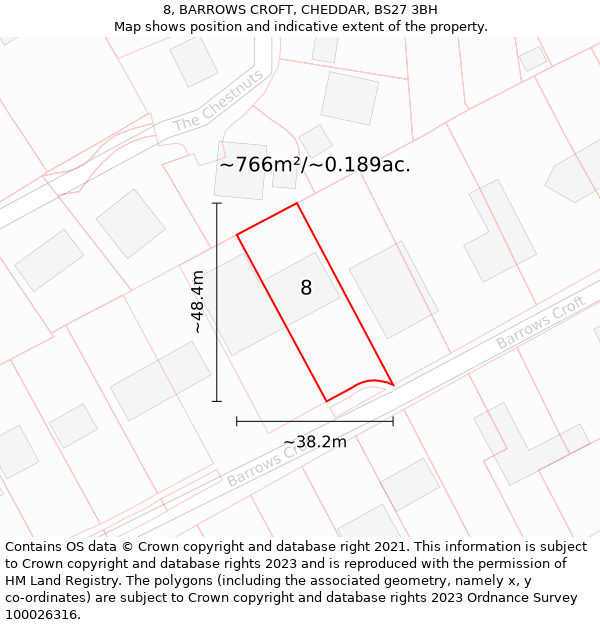 8, BARROWS CROFT, CHEDDAR, BS27 3BH: Plot and title map