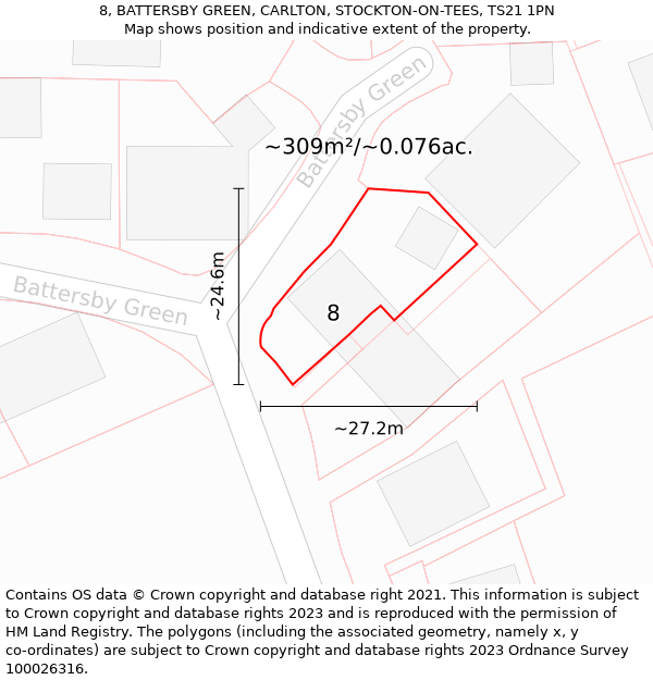 8, BATTERSBY GREEN, CARLTON, STOCKTON-ON-TEES, TS21 1PN: Plot and title map