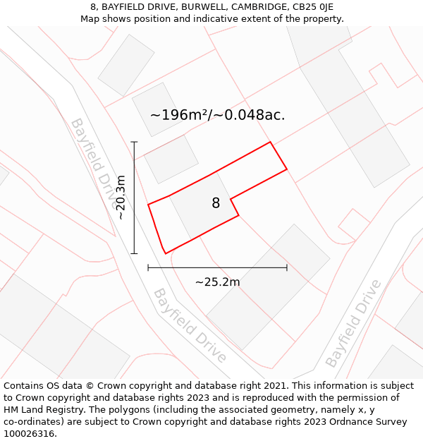 8, BAYFIELD DRIVE, BURWELL, CAMBRIDGE, CB25 0JE: Plot and title map