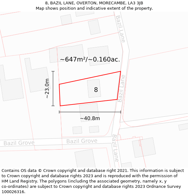 8, BAZIL LANE, OVERTON, MORECAMBE, LA3 3JB: Plot and title map