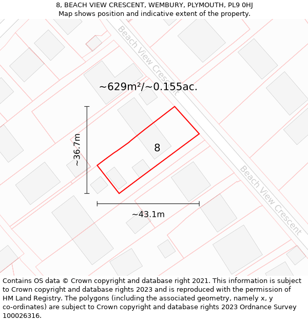 8, BEACH VIEW CRESCENT, WEMBURY, PLYMOUTH, PL9 0HJ: Plot and title map