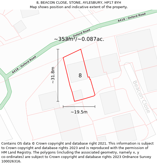 8, BEACON CLOSE, STONE, AYLESBURY, HP17 8YH: Plot and title map