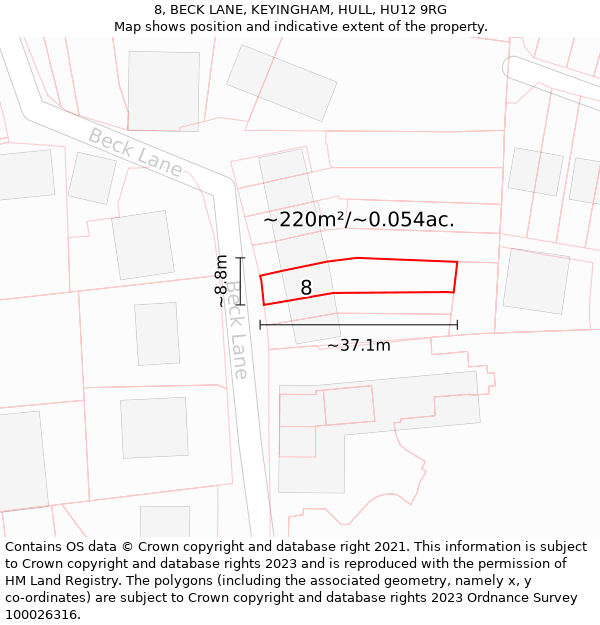 8, BECK LANE, KEYINGHAM, HULL, HU12 9RG: Plot and title map