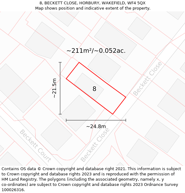 8, BECKETT CLOSE, HORBURY, WAKEFIELD, WF4 5QX: Plot and title map
