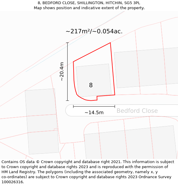 8, BEDFORD CLOSE, SHILLINGTON, HITCHIN, SG5 3PL: Plot and title map