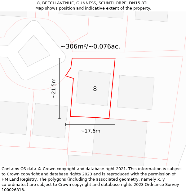 8, BEECH AVENUE, GUNNESS, SCUNTHORPE, DN15 8TL: Plot and title map