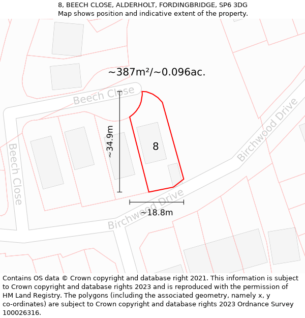 8, BEECH CLOSE, ALDERHOLT, FORDINGBRIDGE, SP6 3DG: Plot and title map