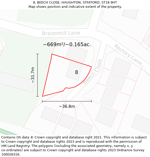 8, BEECH CLOSE, HAUGHTON, STAFFORD, ST18 9HT: Plot and title map