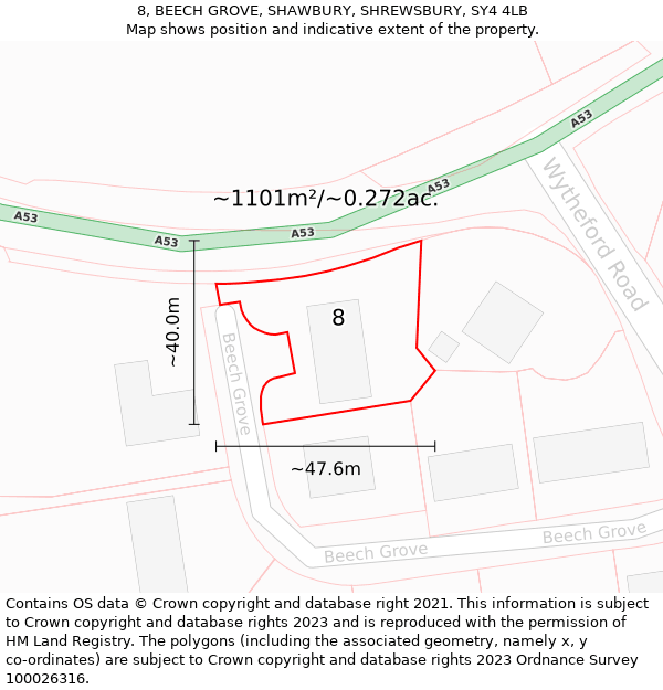 8, BEECH GROVE, SHAWBURY, SHREWSBURY, SY4 4LB: Plot and title map