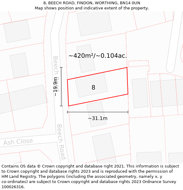 8, BEECH ROAD, FINDON, WORTHING, BN14 0UN: Plot and title map