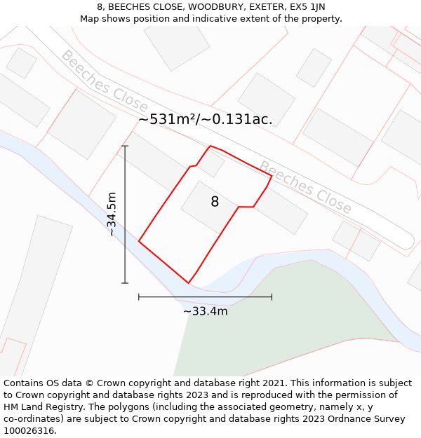 8, BEECHES CLOSE, WOODBURY, EXETER, EX5 1JN: Plot and title map