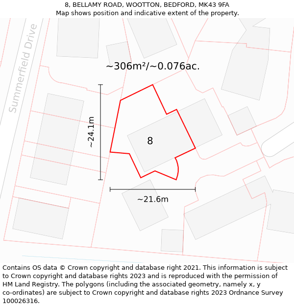 8, BELLAMY ROAD, WOOTTON, BEDFORD, MK43 9FA: Plot and title map