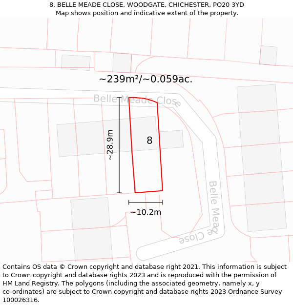 8, BELLE MEADE CLOSE, WOODGATE, CHICHESTER, PO20 3YD: Plot and title map