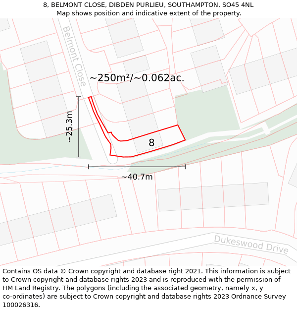 8, BELMONT CLOSE, DIBDEN PURLIEU, SOUTHAMPTON, SO45 4NL: Plot and title map