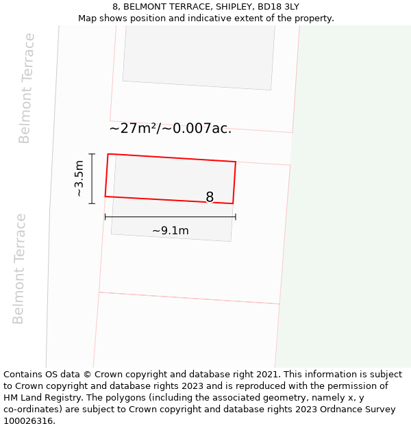 8, BELMONT TERRACE, SHIPLEY, BD18 3LY: Plot and title map