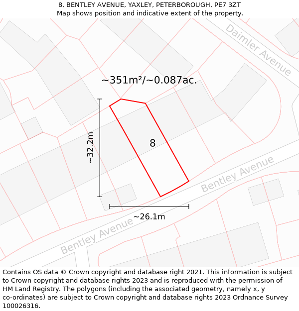 8, BENTLEY AVENUE, YAXLEY, PETERBOROUGH, PE7 3ZT: Plot and title map