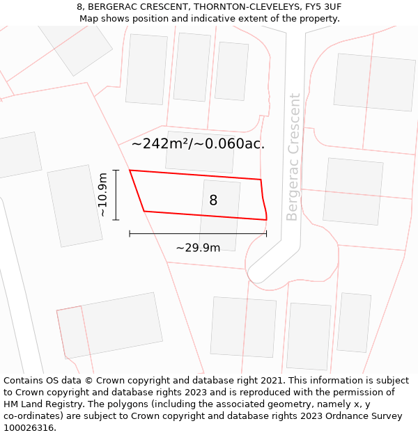 8, BERGERAC CRESCENT, THORNTON-CLEVELEYS, FY5 3UF: Plot and title map