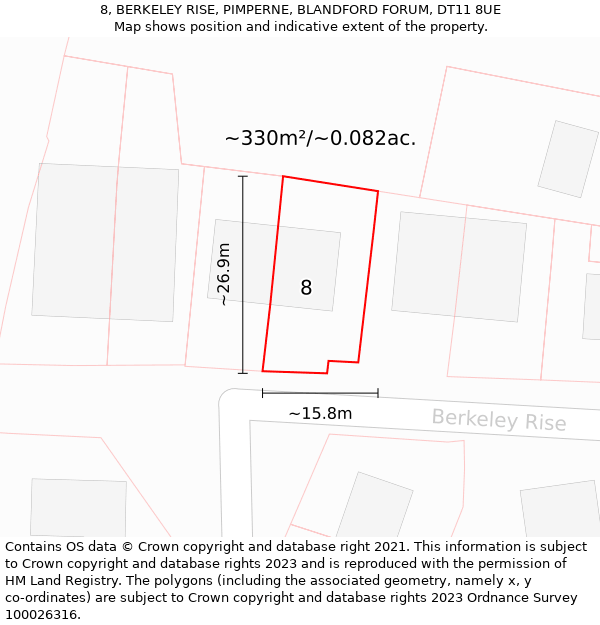 8, BERKELEY RISE, PIMPERNE, BLANDFORD FORUM, DT11 8UE: Plot and title map